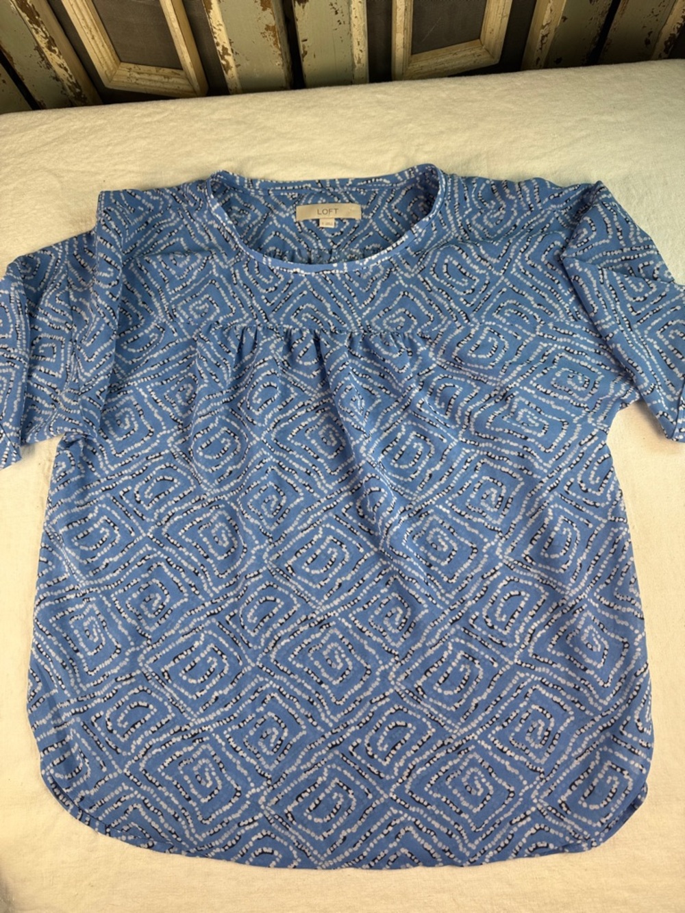 LOFT Light Blue Geometric Short-Sleeve Blouse